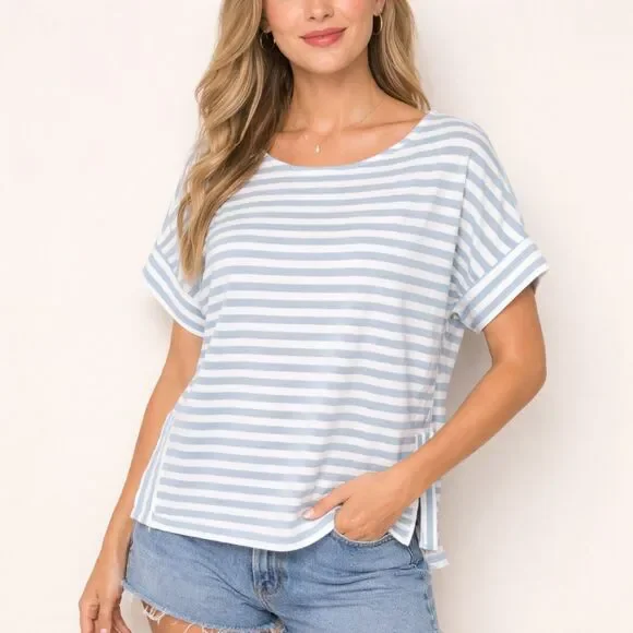 Tribal Blue White Striped Dolman Sleeve Top Cotton Oversized Side Slit Small - Picture 1 of 8